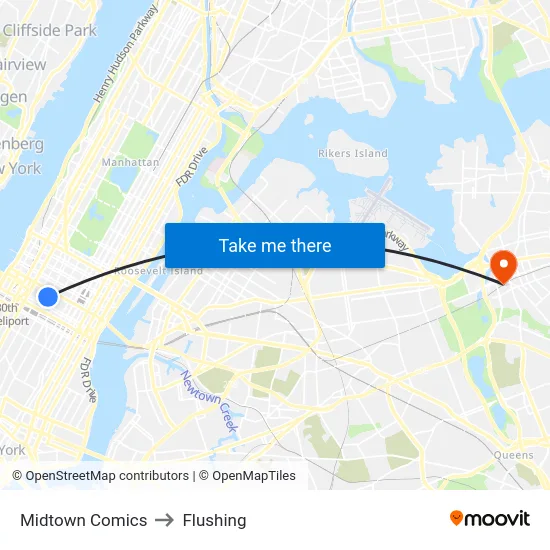 Midtown Comics to Flushing map