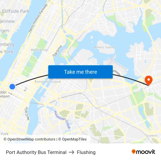Port Authority Bus Terminal to Flushing map