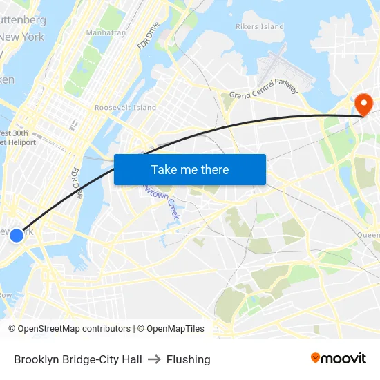 Brooklyn Bridge-City Hall to Flushing map