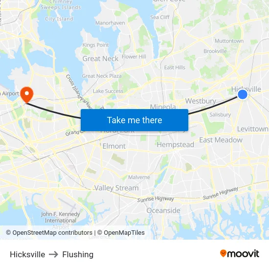 Hicksville to Flushing map