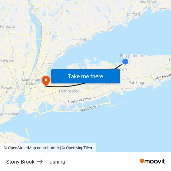 Stony Brook to Flushing map
