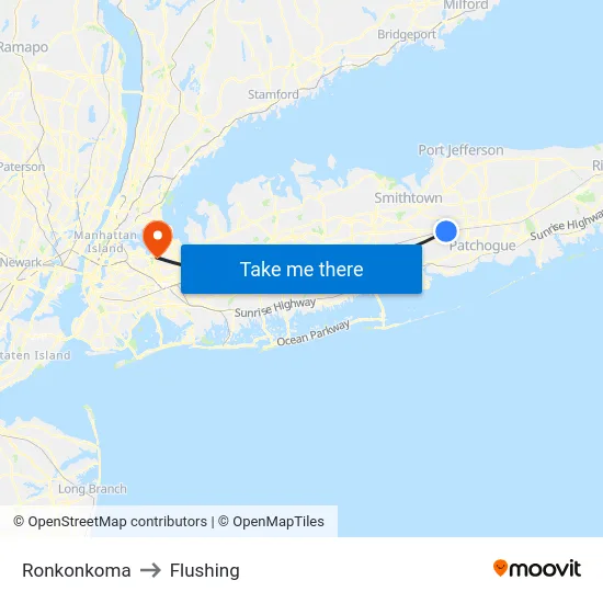 Ronkonkoma to Flushing map