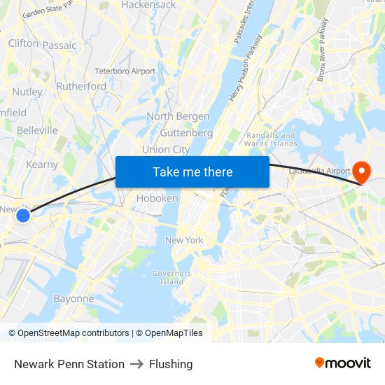 Newark Penn Station to Flushing map