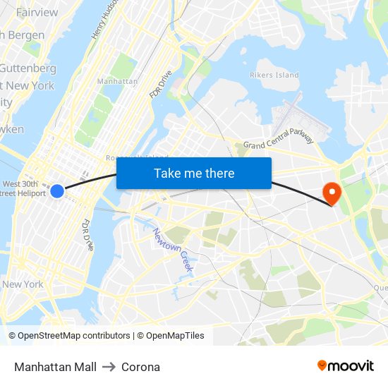 Manhattan Mall to Corona map