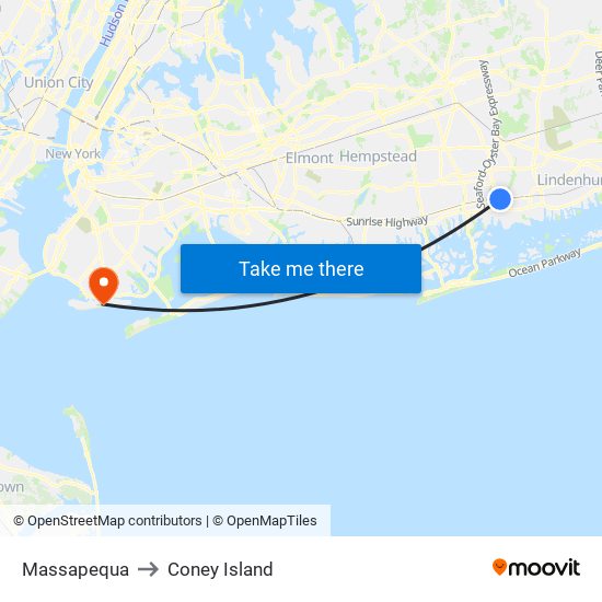 Massapequa to Coney Island map