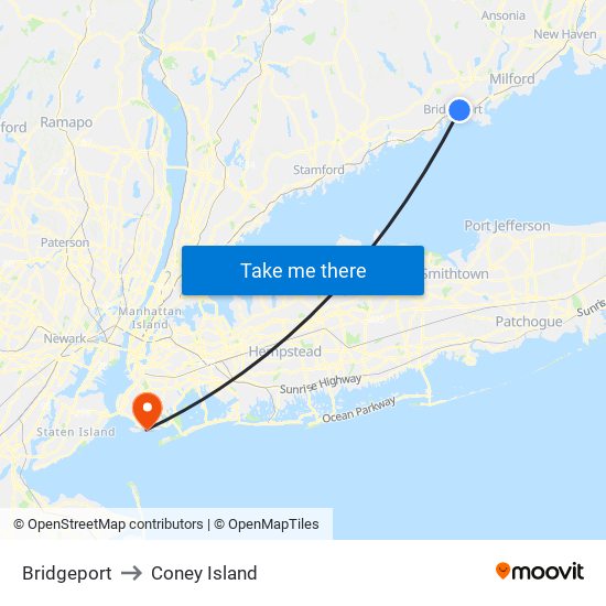 Bridgeport to Coney Island map
