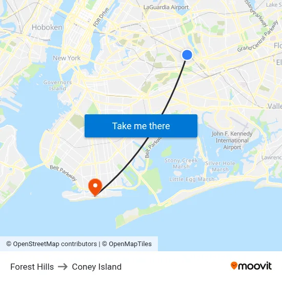 Forest Hills to Coney Island map