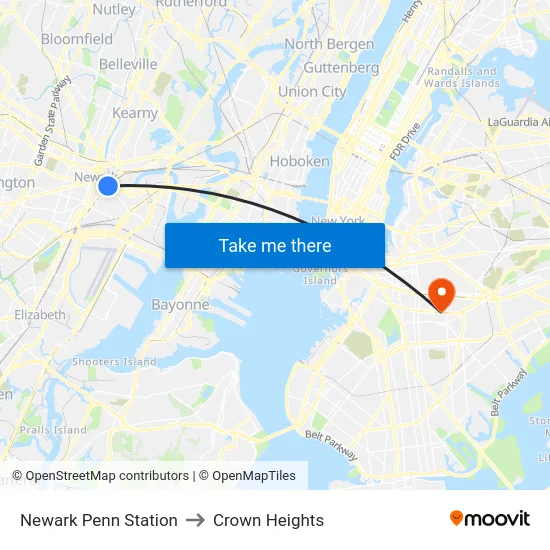 Newark Penn Station to Crown Heights map
