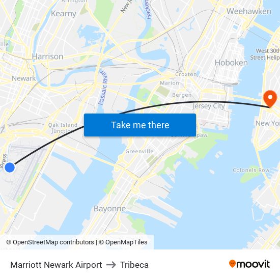Marriott Newark Airport to Tribeca map