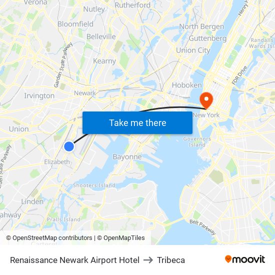 Rennaissance Newark Airport to Tribeca map