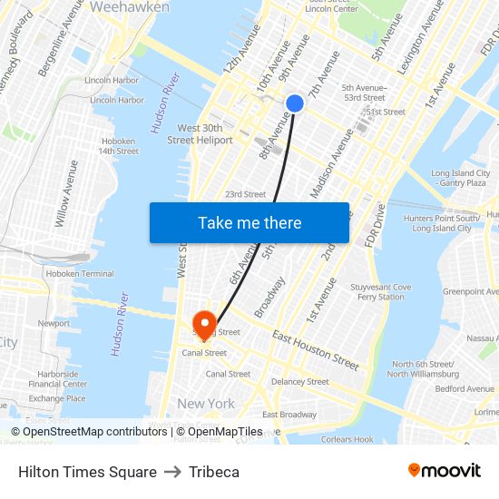 Hilton Times Square to Tribeca map