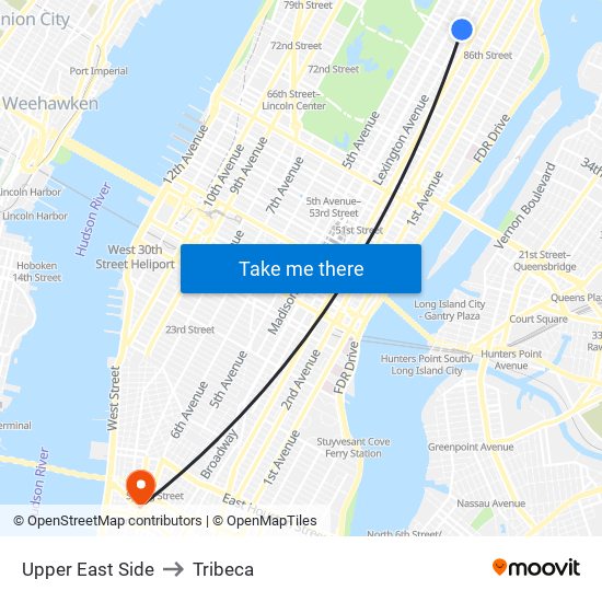 Upper East Side to Tribeca map