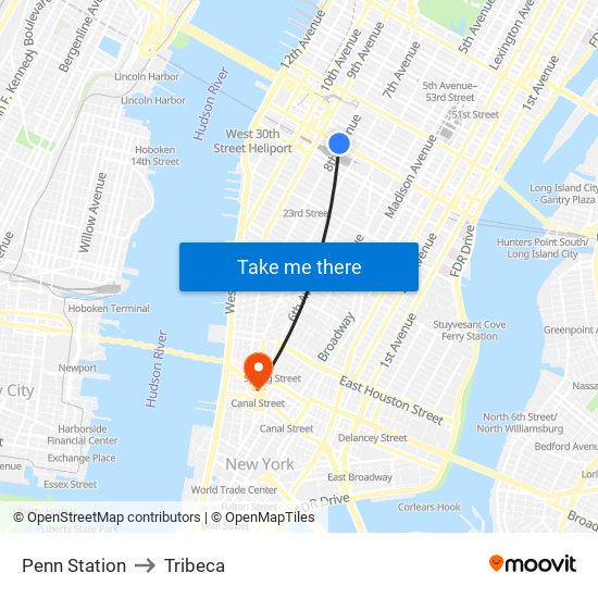 Penn Station to Tribeca map