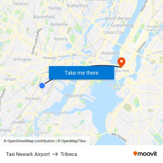 Taxi Newark Airport to Tribeca map