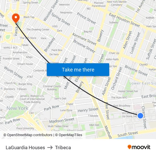 LaGuardia Houses to Tribeca map