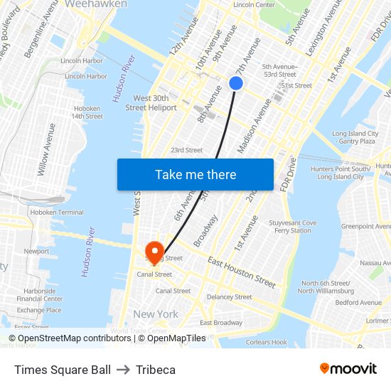 Times Square Ball to Tribeca map