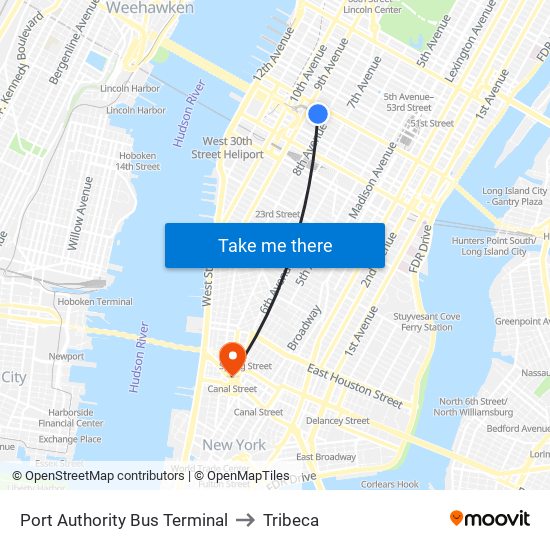 Port Authority Bus Terminal to Tribeca map