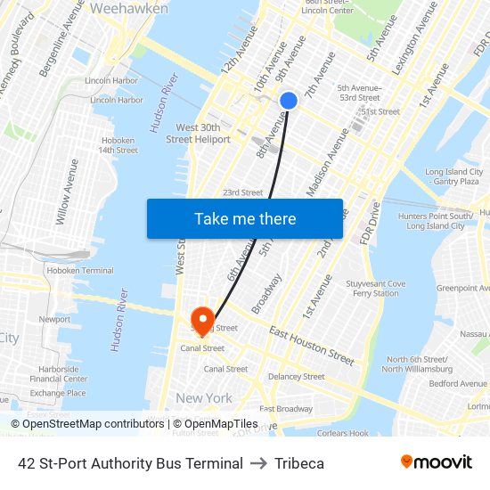 42 St-Port Authority Bus Terminal to Tribeca map