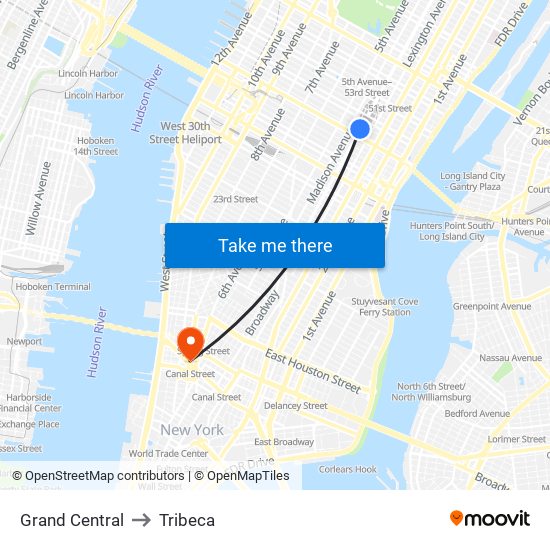 Grand Central to Tribeca map