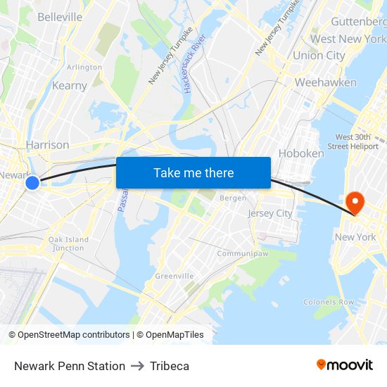 Newark Penn Station to Tribeca map