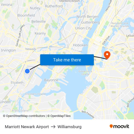 Marriott Newark Airport to Williamsburg map