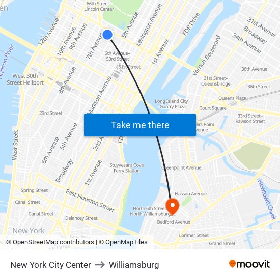 New York City Center to Williamsburg map