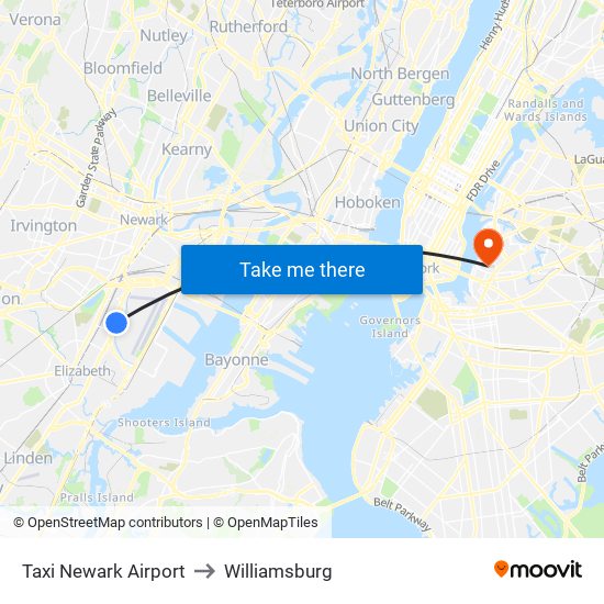 Taxi Newark Airport to Williamsburg map