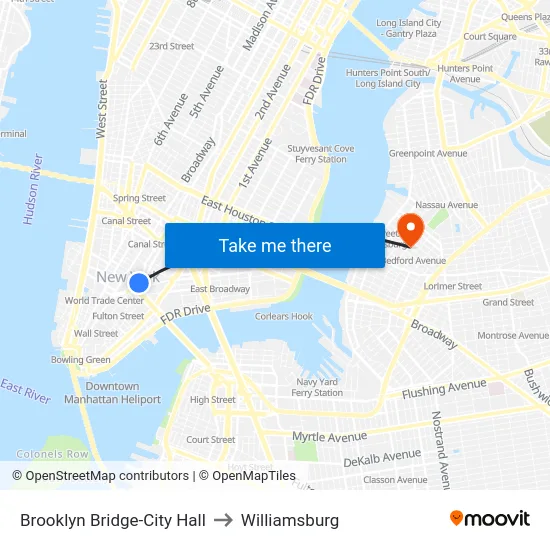 Brooklyn Bridge-City Hall to Williamsburg map