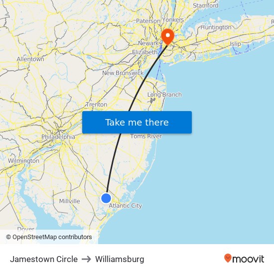 Jamestown Circle to Williamsburg map