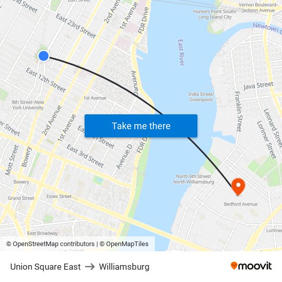 Union Square East to Williamsburg map