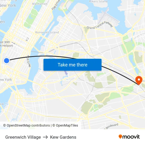 Greenwich Village to Kew Gardens map