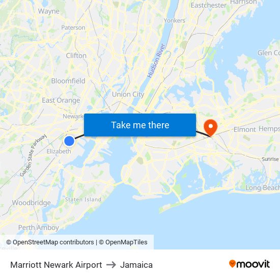 Marriott Newark Airport to Jamaica map