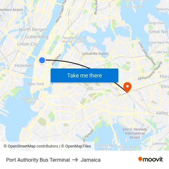 Port Authority Bus Terminal to Jamaica map