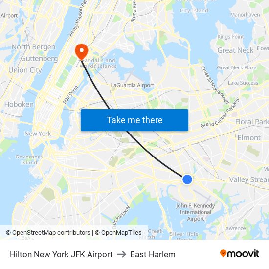 Hilton New York JFK Airport to East Harlem map