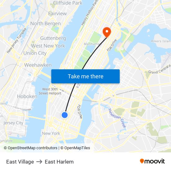 East Village to East Harlem map