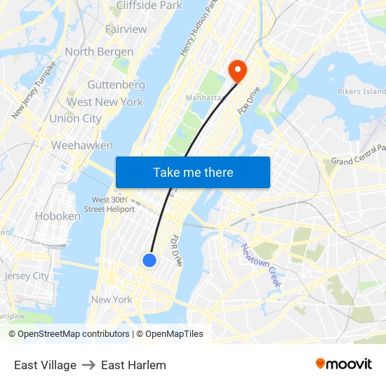 East Village to East Harlem map