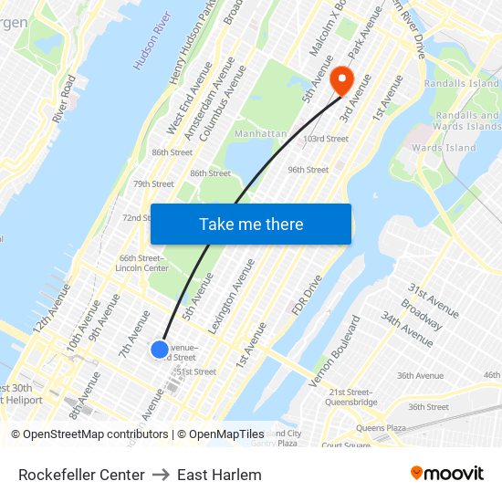 Rockefeller Center to East Harlem map