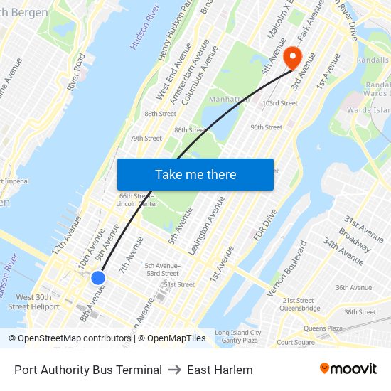 Port Authority Bus Terminal to East Harlem map