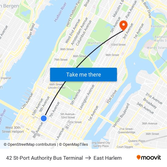 42 St-Port Authority Bus Terminal to East Harlem map