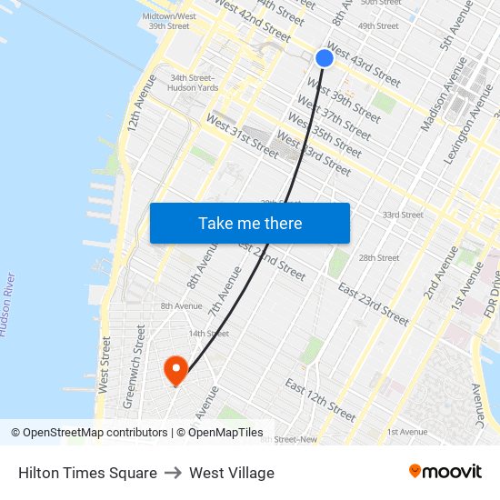 Hilton Times Square to West Village map