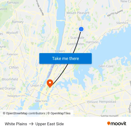 White Plains to Upper East Side map