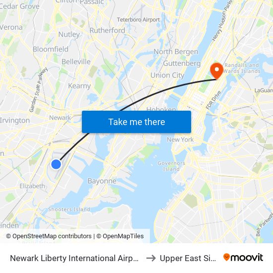 Newark Liberty International Airport to Upper East Side map