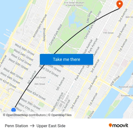 Penn Station to Upper East Side map