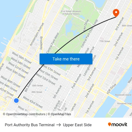 Port Authority Bus Terminal to Upper East Side map