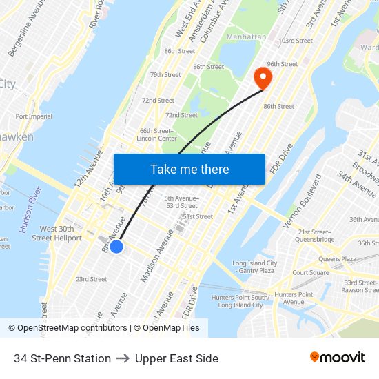 34 St-Penn Station to Upper East Side map