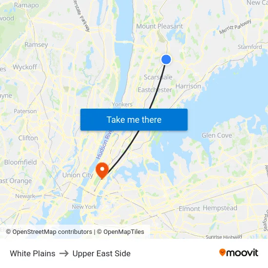 White Plains to Upper East Side map