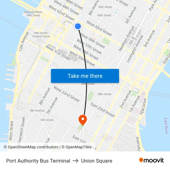 Port Authority Bus Terminal to Union Square map