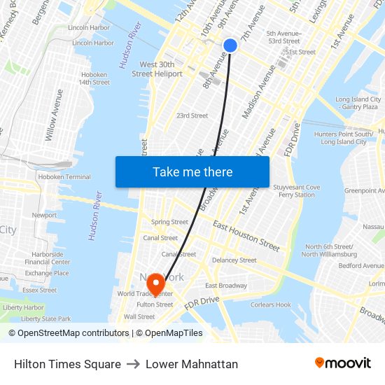 Hilton Times Square to Lower Mahnattan map