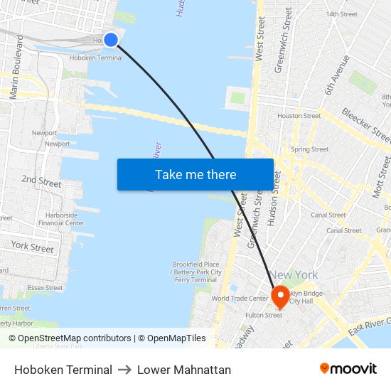 Hoboken Terminal to Lower Mahnattan map