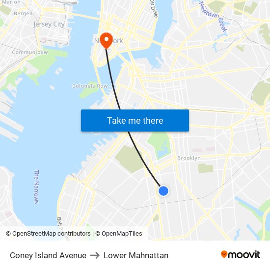 Coney Island Avenue to Lower Mahnattan map